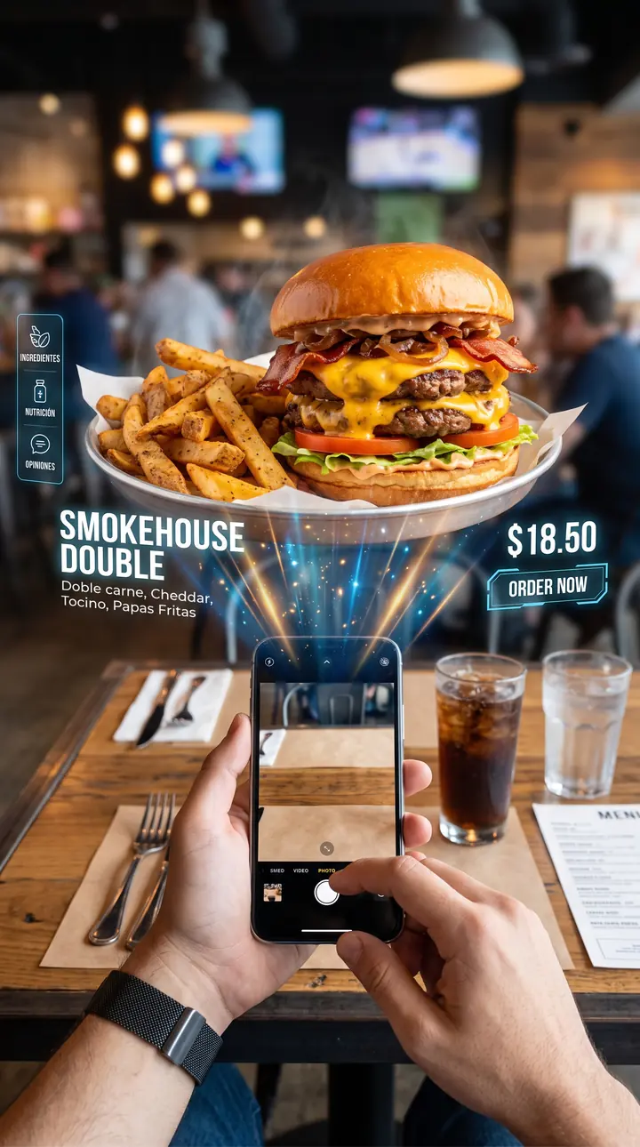 DeliciaAR en hamburguesería: plato proyectado en realidad aumentada