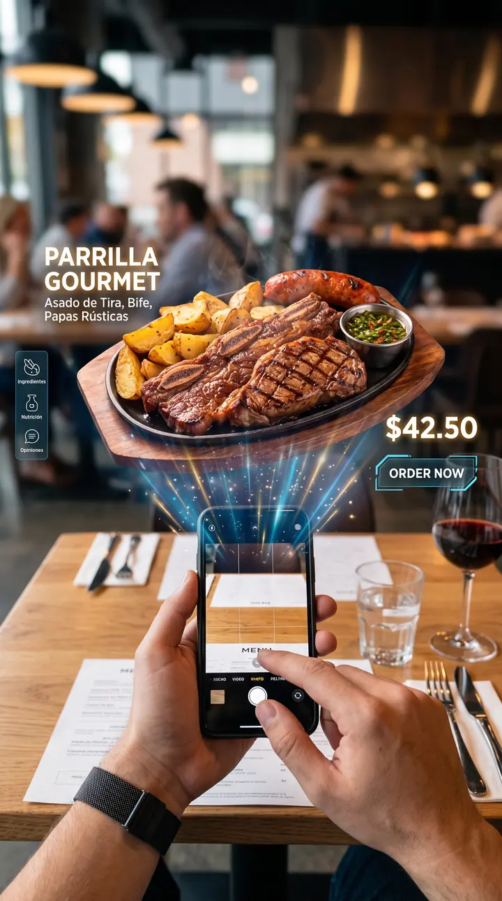 DeliciaAR en parrilla y carnes: plato proyectado en realidad aumentada